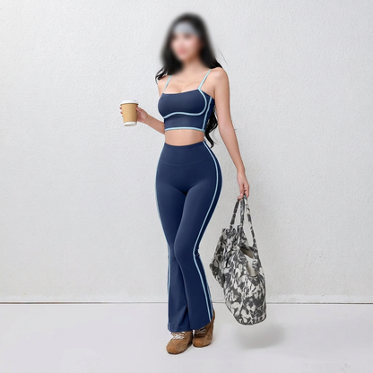 Navy blue yoga clothing, model's face obscured