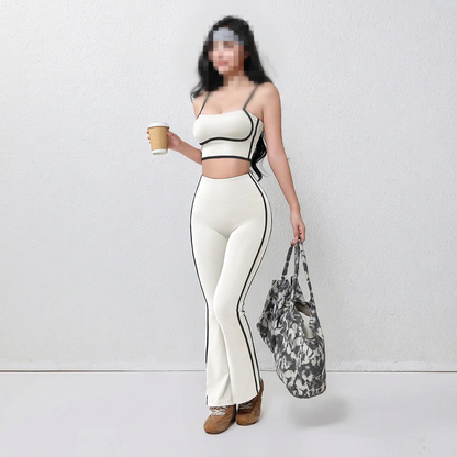 White yoga clothing, model's face obscured
