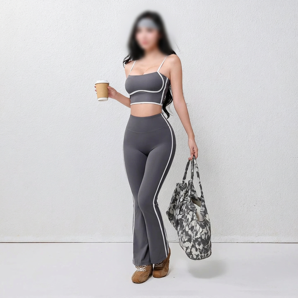 Grey yoga clothing, model's face obscured